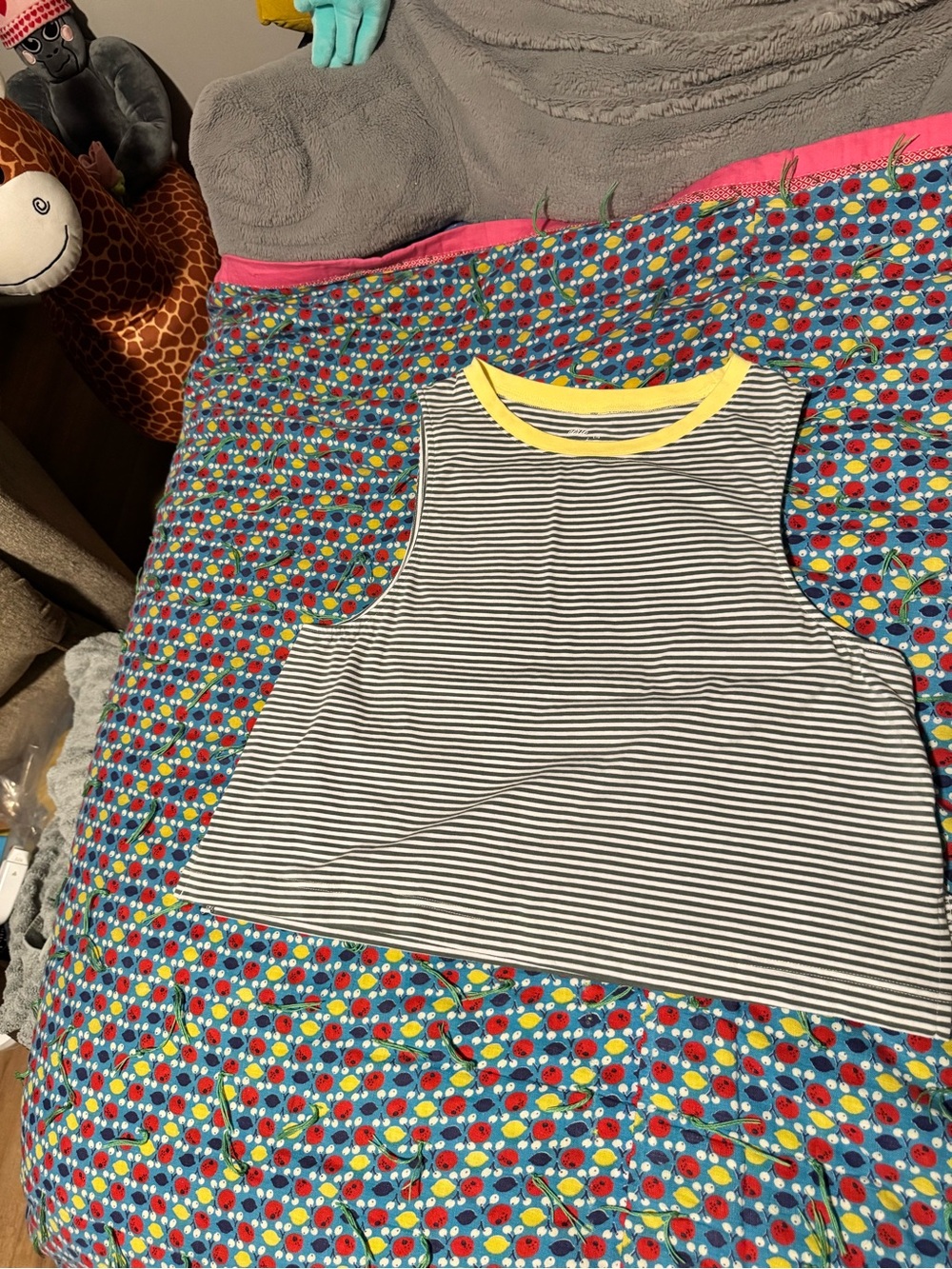 Aerie Green & White Striped Tank with Yellow Neck Trim